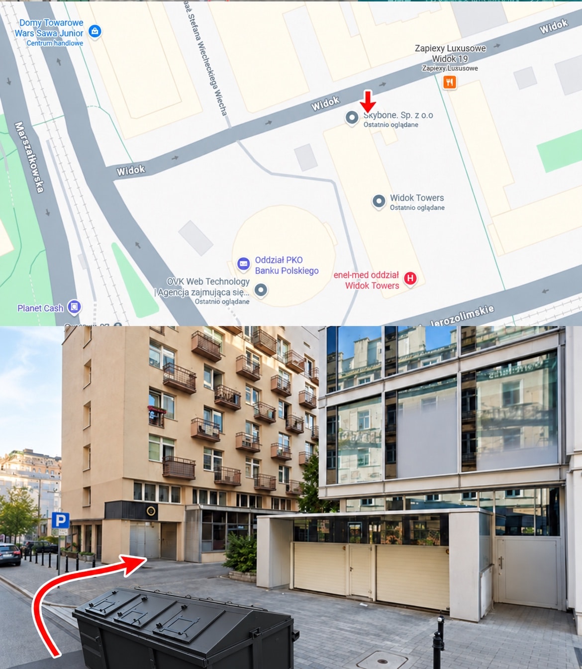 Map and photo of the delivery bay entrance at Widok Towers, Aleje Jerozolimskie 44 in Warsaw — the arrow marks the gate